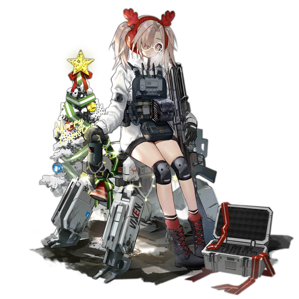 1girl alternate_costume antlers bangs black_footwear black_gloves boots christmas christmas_ornaments christmas_tree cross-laced_footwear earmuffs expressionless girls_frontline glasses gloves grey_hair gun h&amp;k_hk21 hair_ornament hair_over_one_eye hairband hk21_(girls_frontline) holding holding_gun holding_weapon jacket jewelry knee_pads load_bearing_equipment long_hair long_jacket long_sleeves looking_at_viewer merry_christmas official_art plate_carrier purple_eyes red_hairband red_legwear robot round_eyewear sidelocks sitting socks solo star thighs transparent_background turtleneck twintails weapon white-framed_eyewear white_jacket xiao_chichi