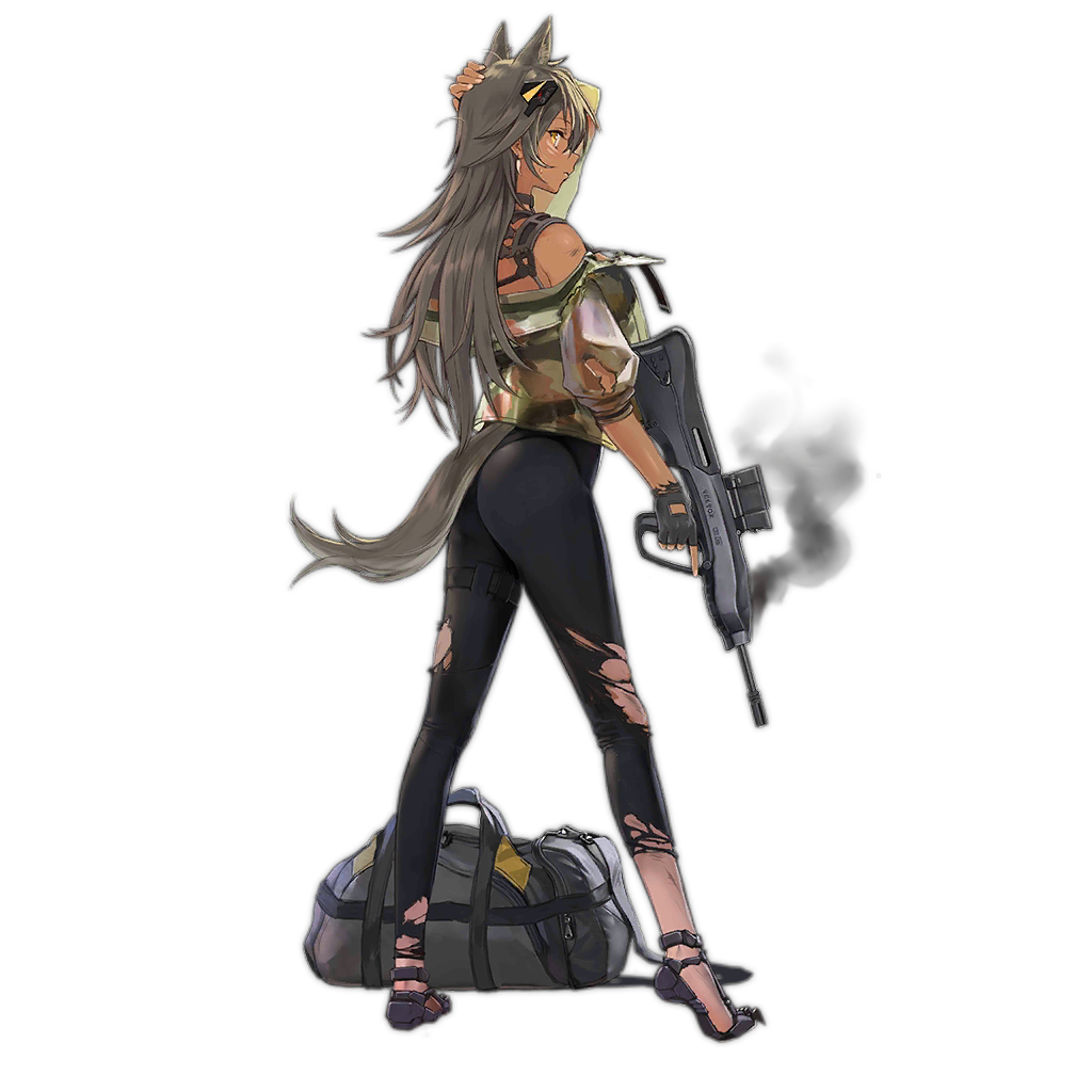 1girl animal_ear_fluff animal_ears arm_up assault_rifle bag bangs bare_shoulders black_gloves breasts brown_hair character_request closed_mouth commentary_request cr-21_(girls_frontline) dark_skin earrings extra_ears facial_mark fingerless_gloves fingernails from_side full_body girls_frontline gloves gradient gradient_background gun holding holding_weapon jacket jewelry kisetsu long_hair looking_at_viewer medium_breasts official_art pants rifle shadow simple_background solo tail torn_clothes torn_jacket transparent_background trigger_discipline vektor_cr-21 weapon yellow_eyes