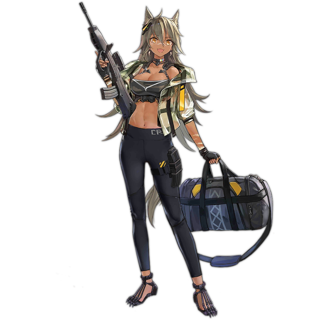 1girl ahoge animal_ear_fluff animal_ears assault_rifle bag bangs bare_shoulders black_gloves black_pants breasts brown_hair cleavage collarbone commentary_request cr-21_(girls_frontline) dark_skin earrings extra_ears facial_mark fingerless_gloves full_body girls_frontline gloves gradient gradient_background gun hair_ornament holding holding_weapon jacket jewelry kisetsu long_hair medium_breasts midriff navel official_art open_mouth pants rifle shadow simple_background skin_tight smile solo stomach tail transparent_background trigger_discipline vektor_cr-21 weapon yellow_eyes