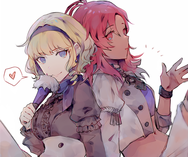 2girls blonde_hair blue_eyes closed_mouth constance_(fire_emblem) dark_skin earrings fan fire_emblem fire_emblem:_three_houses garreg_mach_monastery_uniform hairband hapi_(fire_emblem) heart holding jewelry kvlen long_sleeves multiple_girls pink_eyes pink_hair simple_background smile spoken_heart uniform upper_body white_background