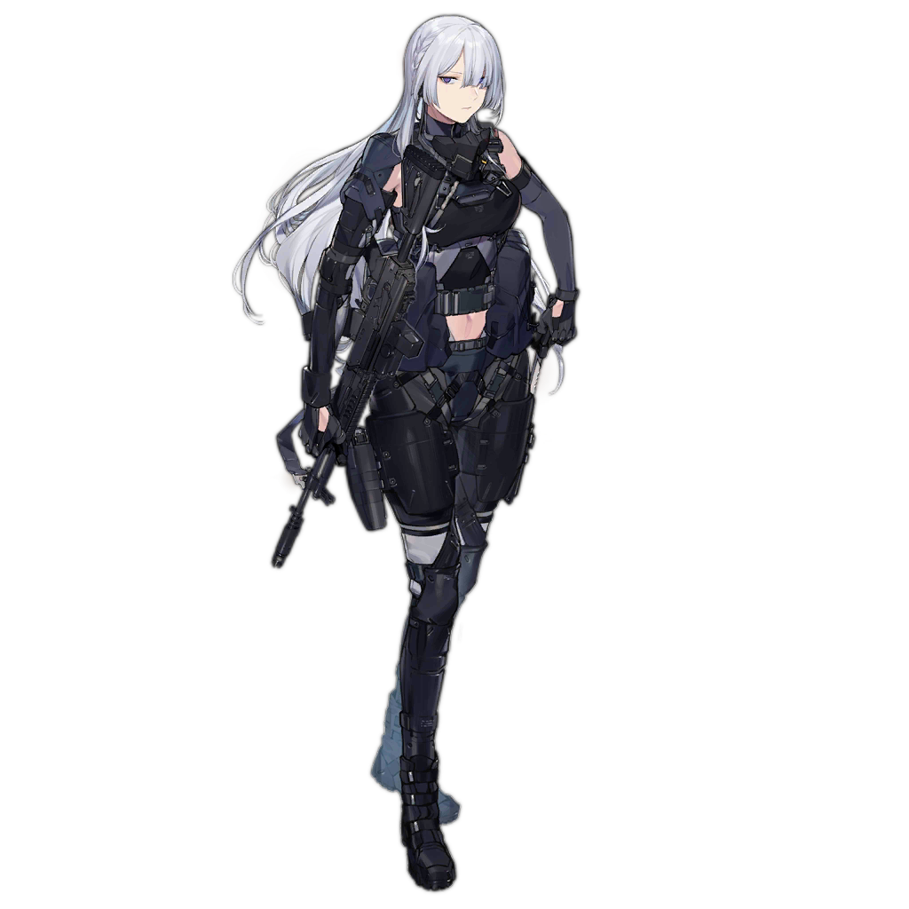 1girl ak-15 ak-15_(girls_frontline) armor assault_rifle bangs braid breasts buckle closed_mouth duoyuanjun eyebrows_visible_through_hair french_braid full_body girls_frontline gun hair_over_one_eye handgun holding holding_gun holding_weapon holster holstered_weapon long_hair navel official_art pistol pouch purple_eyes rifle silver_hair solo standing tactical_clothes transparent_background weapon