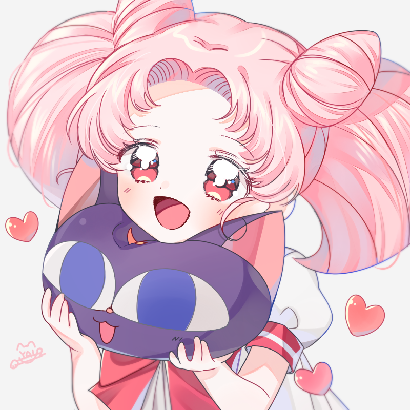 1girl bangs blush cat copyright_request cushion double_bun heart holding long_hair open_mouth pink_eyes pink_hair shirt short_sleeves smile solo white_shirt yalmyu