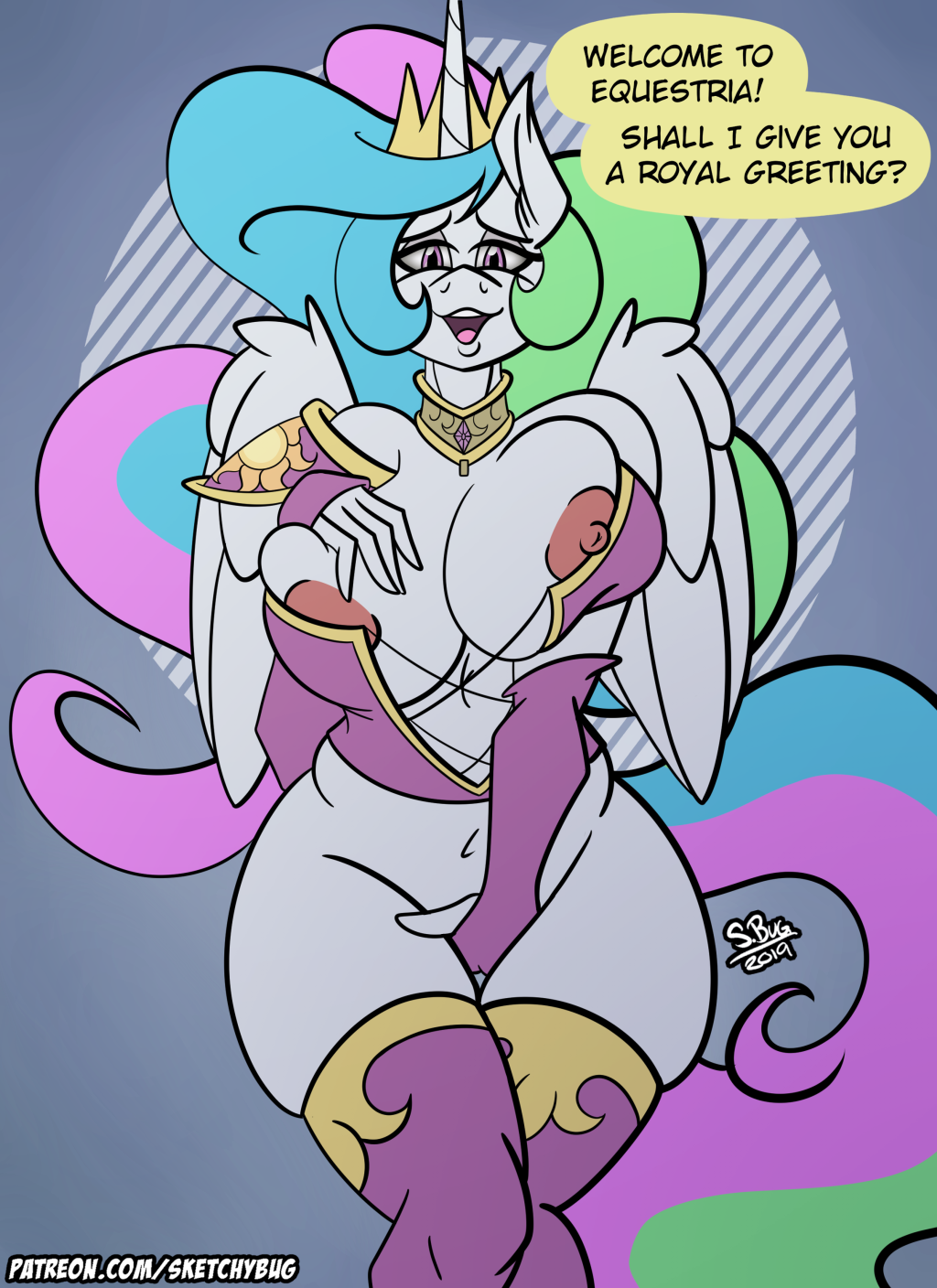 anthro areola big_breasts bottomless breasts clothed clothing dialogue equid female friendship_is_magic hi_res horn mammal masturbation my_little_pony nipple_slip princess_celestia_(mlp) sketchybug vaginal vaginal_masturbation winged_unicorn wings