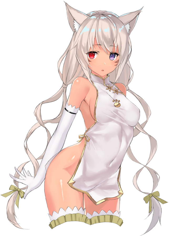 1girl animal_ears breasts covered_navel cowboy_shot dark_skin dress elbow_gloves facial_mark final_fantasy final_fantasy_xiv gloves heterochromia low_twintails medium_breasts mithra nakamura_nagare no_panties parted_lips pelvic_curtain purple_eyes red_eyes short_dress sideboob simple_background solo thighhighs twintails whisker_markings white_background white_dress white_gloves