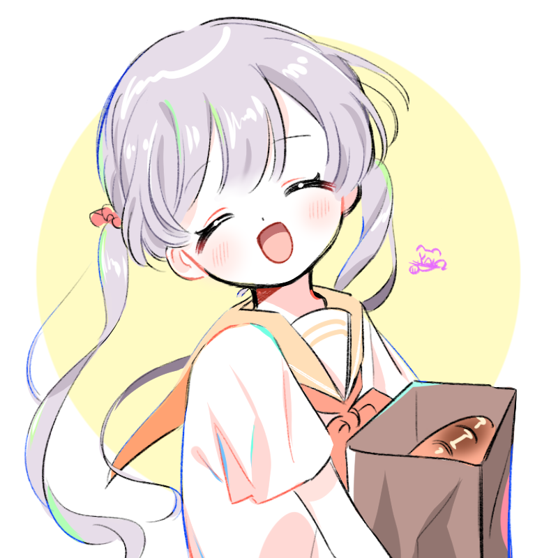 1girl bag bangs bread circle closed_eyes food grey_hair long_hair looking_at_viewer open_mouth orange_sailor_collar original paper_bag sailor_collar shirt short_sleeves solo twintails upper_body white_shirt yalmyu