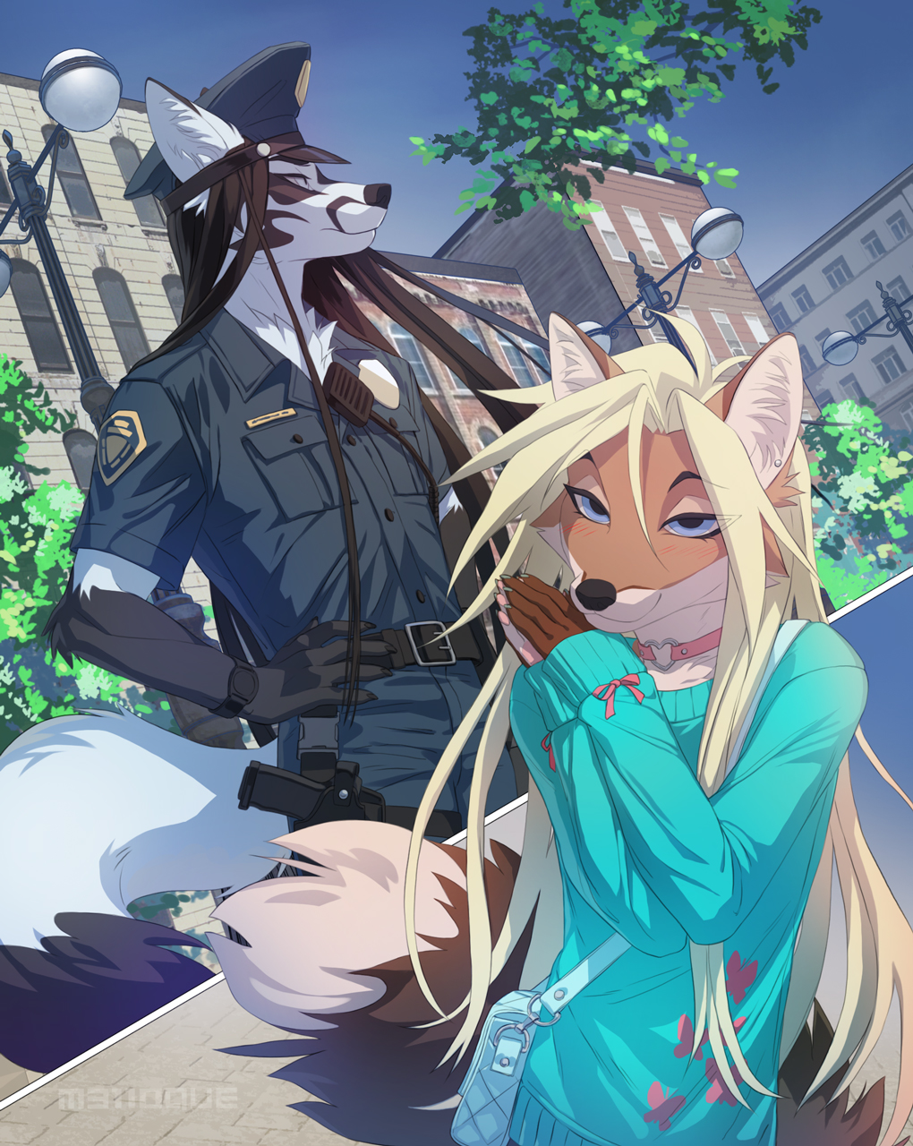 2019 5_fingers anthro black_nose canid canine clothed clothing day detailed_background digital_media_(artwork) eyebrows eyelashes fingers fox girly hi_res male mammal melloque outside sky