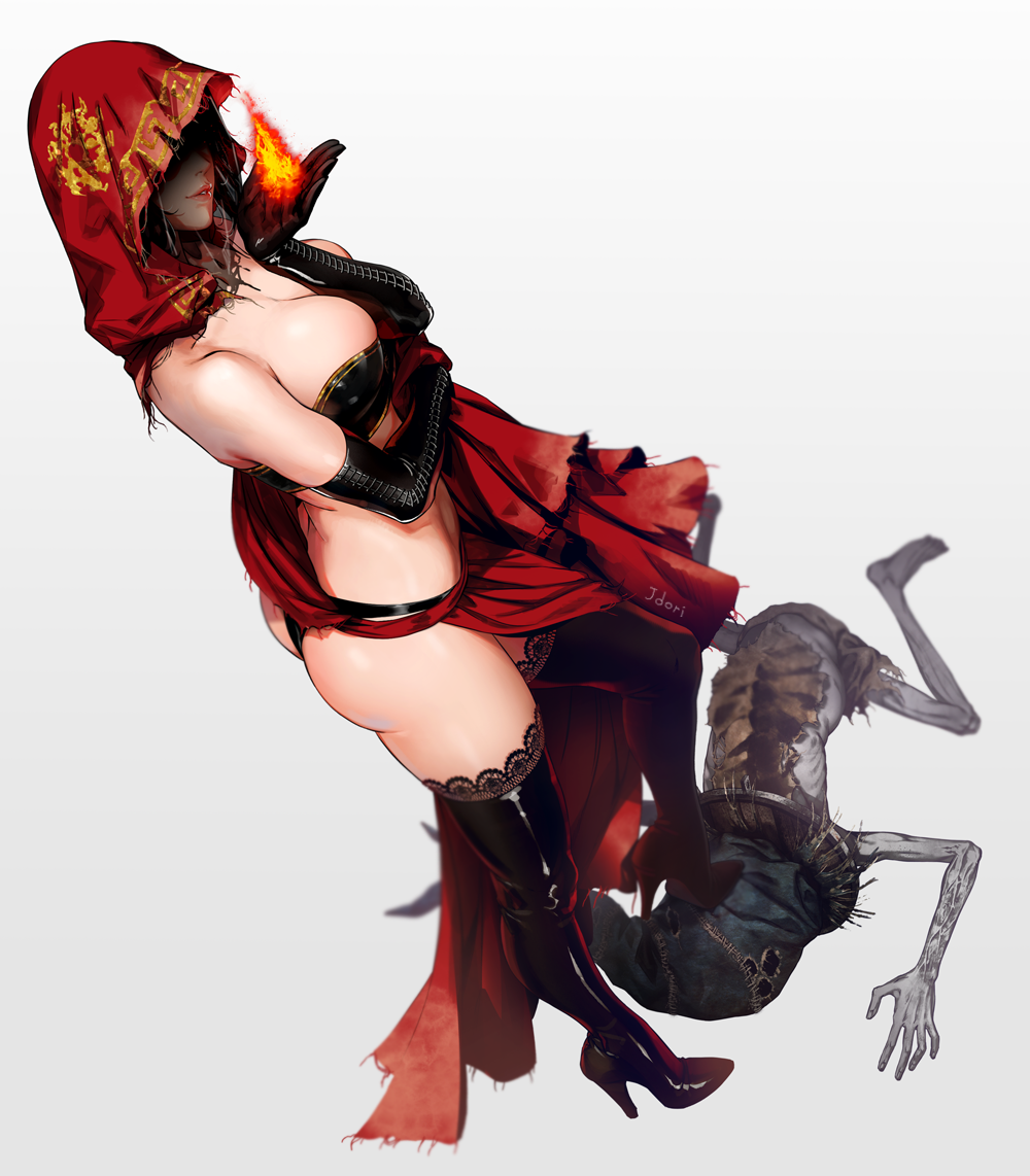 1boy 1girl ass bare_shoulders black_bra black_footwear black_gloves black_headwear black_legwear black_panties bra breasts cleavage commentary_request dark_souls_ii desert_sorceress detached_hood elbow_gloves fire foot_on_head from_above gloves hat hood jdori large_breasts panties parted_lips red_hood red_skirt simple_background skirt smile solo_focus souls_(from_software) standing strapless thighhighs underwear white_background