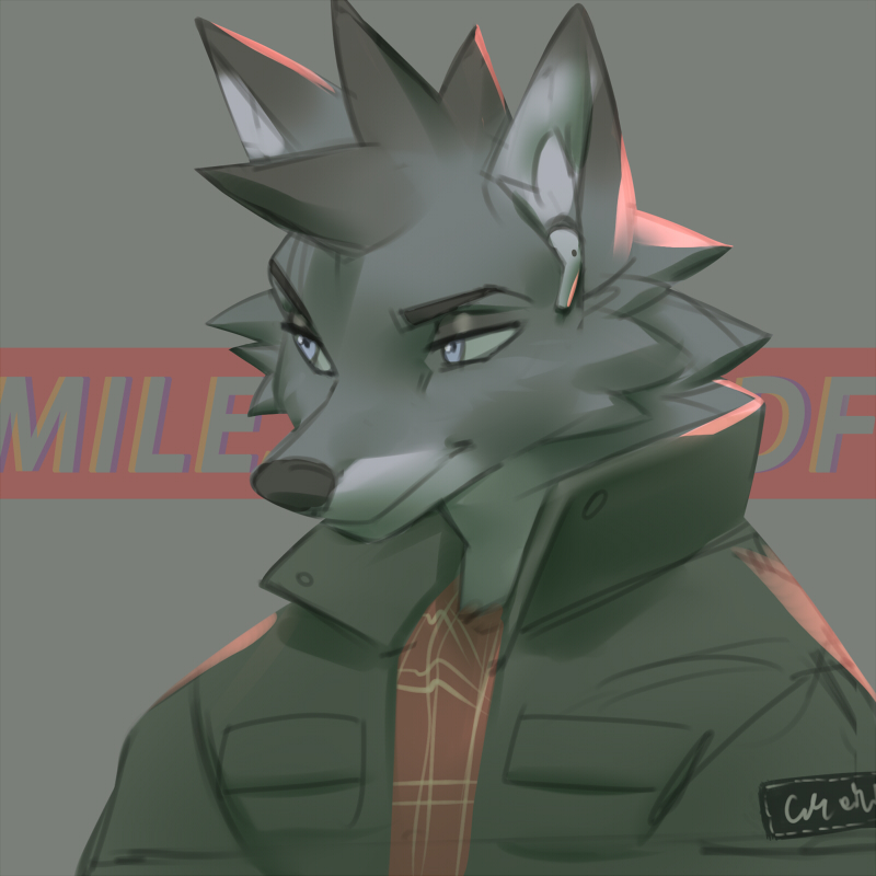 1:1 airpods blue_eyes bust_portrait canid canine canis clothing english_text fur grey_body grey_fur jacket male mammal miles_df portrait solo text topwear wolf