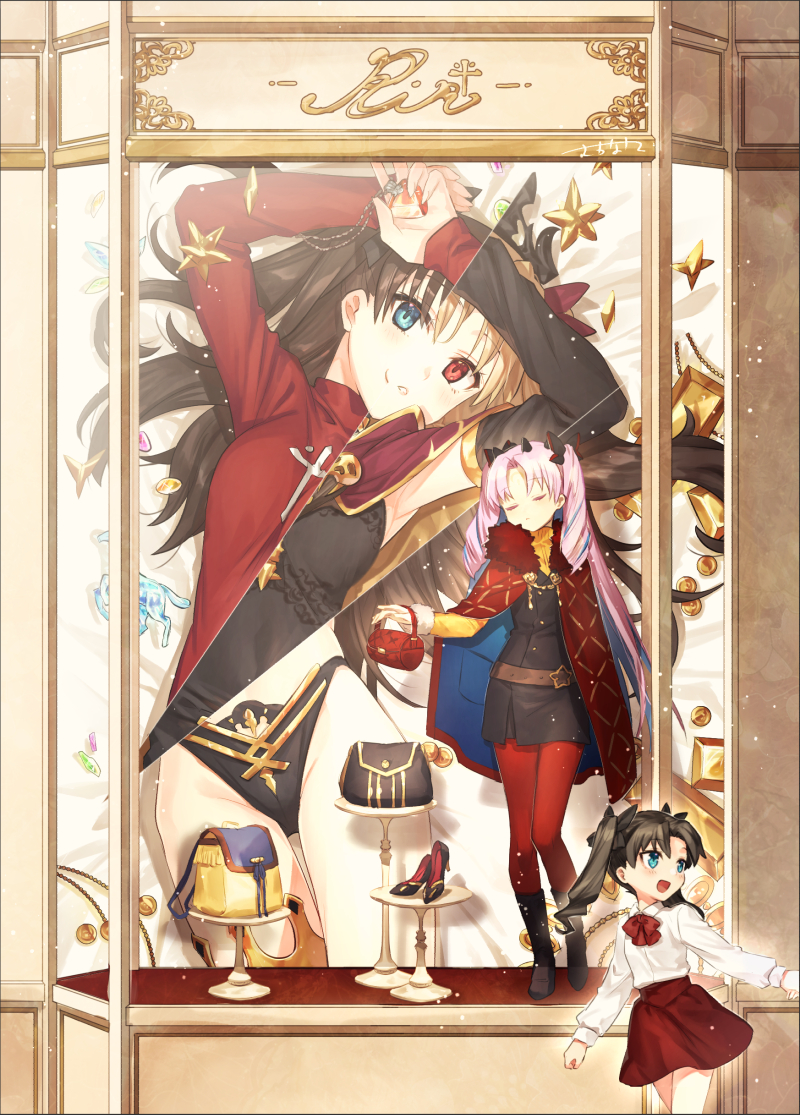 5girls armpits arms_up bag bangs belt bikini black_bikini_bottom black_bow black_dress black_footwear black_hair blonde_hair blue_eyes blush boots bow breasts cape closed_eyes closed_mouth collared_shirt cross detached_collar display dress dress_shirt ereshkigal_(fate/grand_order) fate/grand_order fate/stay_night fate_(series) fur-trimmed_cape fur_trim gem gold_trim hair_bow handbag high_heels highleg highleg_bikini horns ishtar_(fate)_(all) jewelry knee_boots light_blue_hair long_hair long_sleeves looking_at_viewer lying medium_breasts multicolored_hair multiple_girls multiple_persona necklace on_back parted_bangs parted_lips pendant pink_hair red_bow red_cape red_eyes red_legwear red_skirt red_sweater sakanahen shirt single_thighhigh skirt skull smile space_ishtar_(fate) spine sweater swimsuit thighhighs thighs toosaka_rin two-tone_hair two_side_up white_shirt window younger