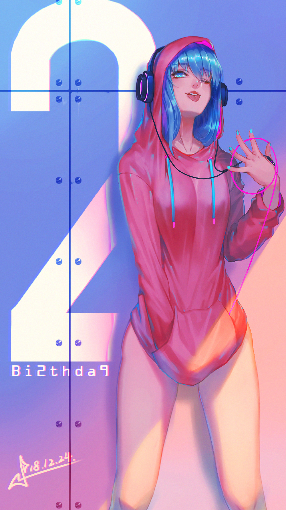 1girl ;p against_wall bare_legs blue_eyes blue_hair breasts cable drawstring eyebrows_visible_through_hair hand_in_pocket hatsune_miku headphones highres hood hoodie hoodie_tug lips looking_at_viewer medium_breasts naked_hoodie naughty_face no_panties nose one_eye_closed solo squidsmith standing tongue tongue_out vocaloid