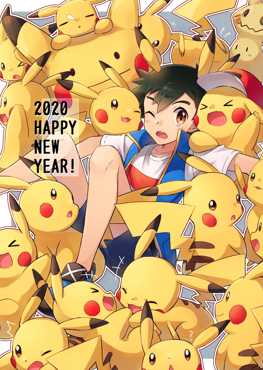 &gt;_&lt; 1boy black_hair brown_eyes ditto gen_1_pokemon gen_7_pokemon highres looking_at_viewer mimikyu ochi_(lokun) one_eye_closed pikachu pokemon pokemon_(anime) pokemon_(game) pokemon_sm pokemon_sm_(anime) satoshi_(pokemon) too_many too_many_pikachu transform_(pokemon) transformed_ditto