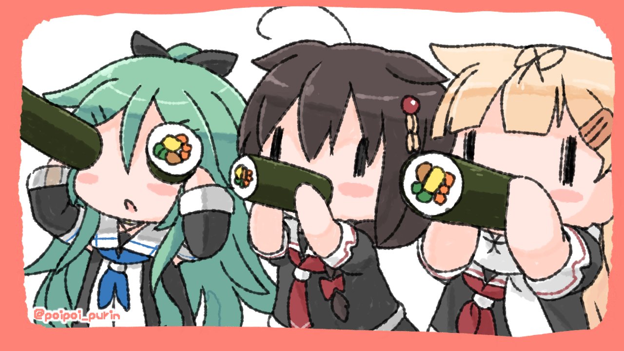 3girls ahoge bangs black_serafuku blue_neckwear blush braid chibi detached_sleeves ehoumaki food hair_between_eyes hair_flaps hair_ornament hair_ribbon hairclip holding holding_food kantai_collection long_hair makizushi multiple_girls open_mouth red_neckwear remodel_(kantai_collection) ribbon sailor_collar sattsu scarf school_uniform serafuku shigure_(kantai_collection) simple_background single_braid sushi twitter_username white_scarf yamakaze_(kantai_collection) yuudachi_(kantai_collection)