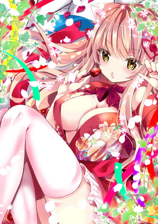 1girl animal_ear_fluff animal_ears bangs bare_shoulders blush breasts brown_hair cat_ears cleavage commentary_request eyebrows_visible_through_hair floral_print food fruit hair_between_eyes hands_up holding japanese_clothes kimono knees_up large_breasts long_hair looking_at_viewer nanase_kureha nanase_nao off_shoulder original print_kimono red_kimono solo strawberry thighhighs very_long_hair white_legwear yellow_eyes