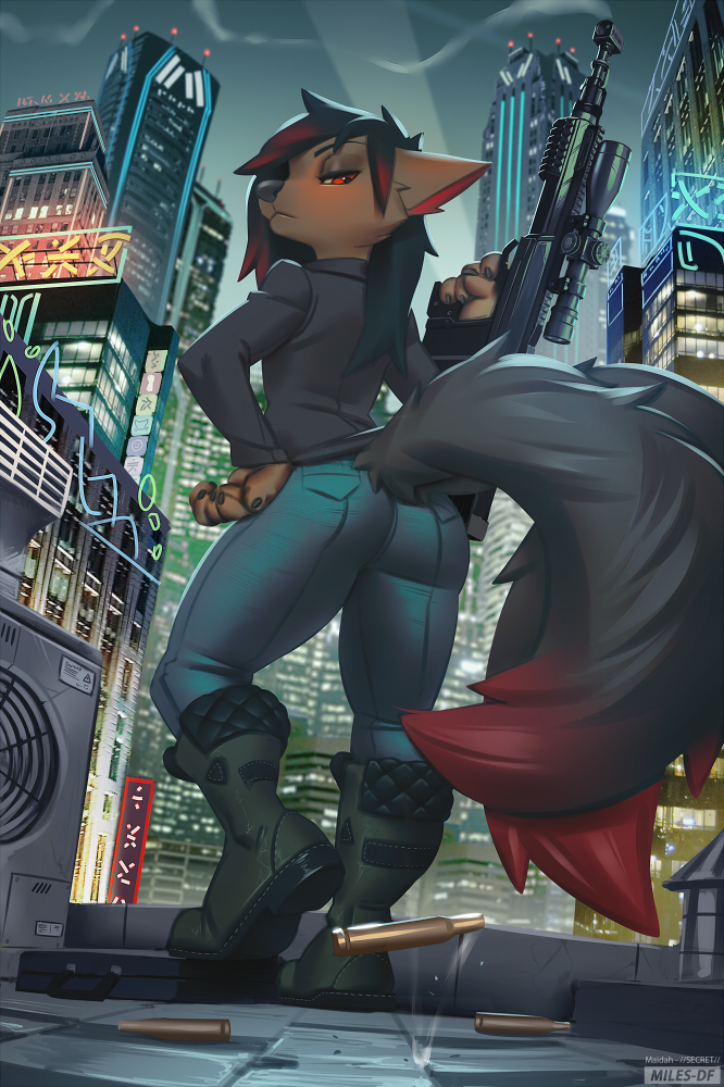 anthro black_hair black_nose black_tail boots bottomwear brown_body brown_fur butt butt_pose butt_shot canid canine city clothing female footwear fur gun hair hand_on_hip highlights_(coloring) jacket jeans looking_at_viewer looking_back low-angle_view mammal miles_df neon_lights pants pose ranged_weapon red_eyes red_highlights rifle roof scope skyscraper sniper_rifle solo spent_casing topwear weapon