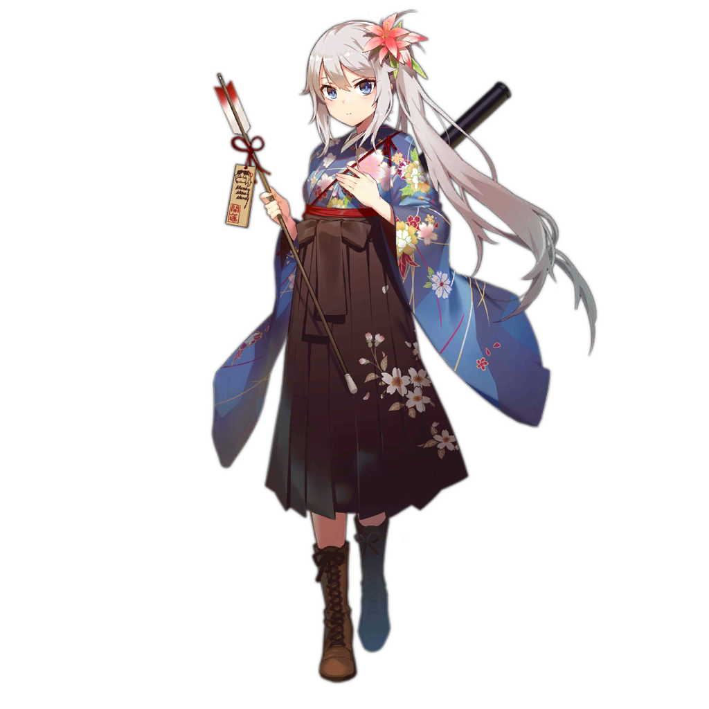 1girl 9a-91 9a-91_(girls_frontline) alternate_costume arrow assault_rifle blue_eyes blue_kimono boots commentary_request fangdan_runiu floral_print flower girls_frontline gun hair_flower hair_ornament hakama japanese_clothes kimono long_hair new_year official_art rifle silver_hair solo transparent_background weapon