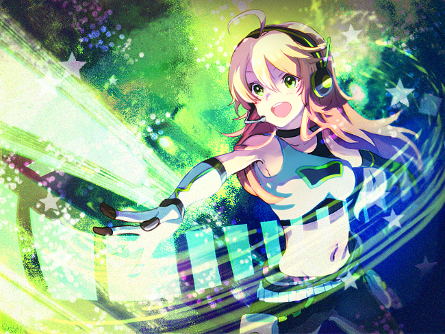 1girl :d ahoge anaroguya black_pants blonde_hair breasts choker collarbone cowboy_shot crop_top elbow_gloves floating_hair gloves green_eyes groin hair_between_eyes headphones headset hoshii_miki idolmaster idolmaster_(classic) long_hair medium_breasts microphone midriff navel open_mouth outstretched_arm pants smile solo standing stomach v white_gloves