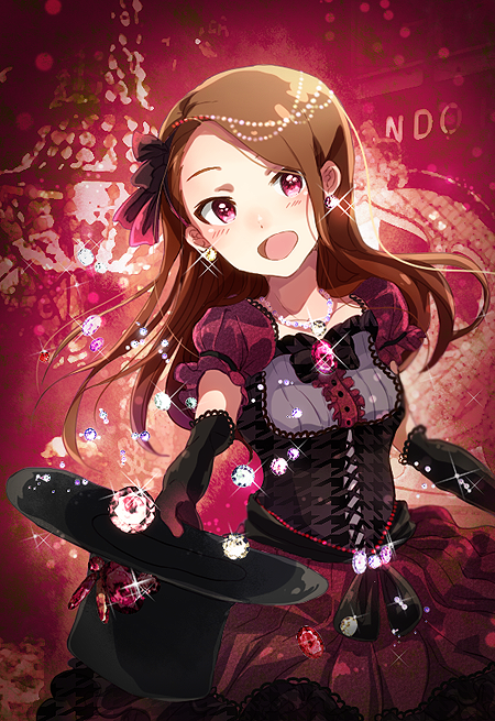 1girl :d anaroguya asymmetrical_bangs bangs black_bow black_gloves bow brown_hair bustier earrings elbow_gloves floating_hair gloves gothic_lolita hair_bow holding idolmaster idolmaster_(classic) jewelry lolita_fashion long_hair long_skirt looking_at_viewer minase_iori open_mouth pleated_skirt red_eyes red_skirt shiny shiny_hair short_sleeves skirt smile solo sparkle standing