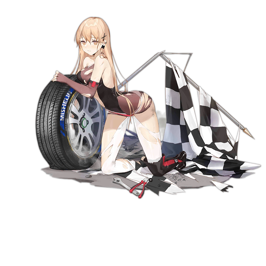 1girl alternate_costume bangs black_footwear black_legwear blonde_hair blush boots breasts center_opening checkered checkered_flag clothes_writing cross cross_earrings damaged dress earrings elbow_gloves eyebrows_visible_through_hair fingerless_gloves flag frown full_body girls_frontline gloves hair_between_eyes hair_ornament jewelry kneeling light_brown_hair long_hair looking_at_viewer multiple_piercings official_art ppk_(girls_frontline) race_queen see-through short_dress sidelocks sleeveless sleeveless_dress smile smile_(mm-l) solo thighhighs torn_clothes transparent_background wet wheel