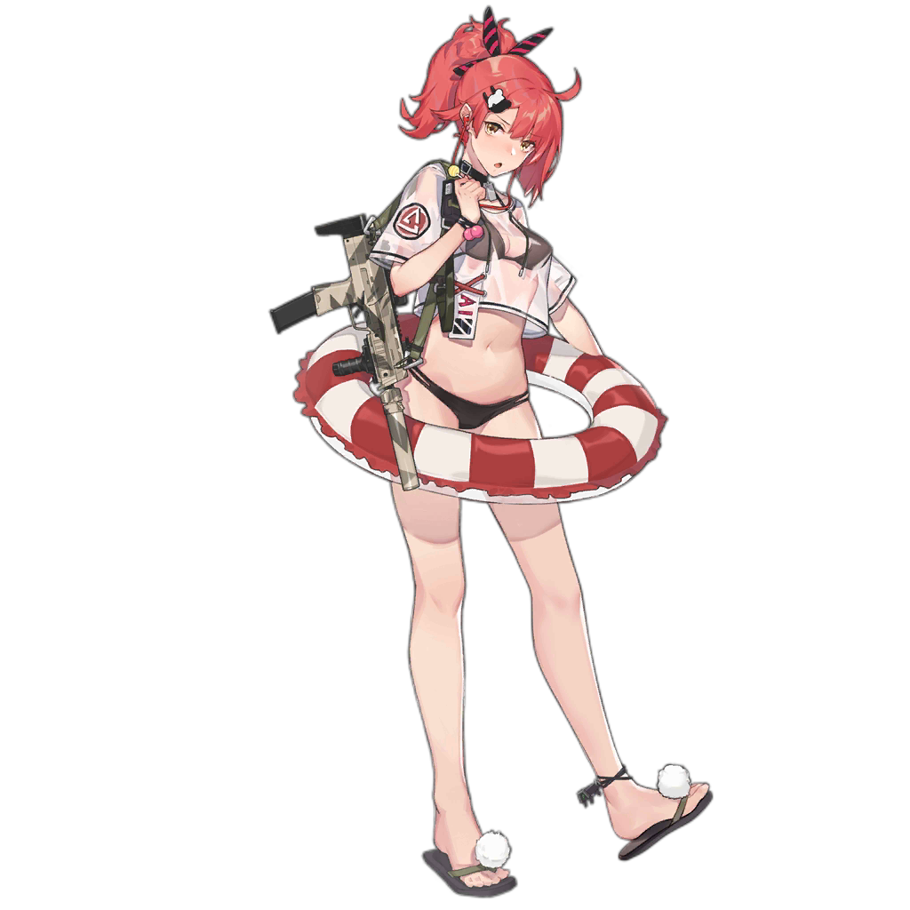1girl alternate_costume ankle_strap bangs bikini black_bikini blush bracelet camouflage candy choker copyright_name crop_top crop_top_overhang dinergate_(girls_frontline) dog_tags earphones eyebrows_visible_through_hair food full_body girls_frontline groin gun h&amp;k_mp7 hair_ornament hair_ribbon head_tilt heckler_&amp;_koch holding holding_food holding_innertube innertube jewelry lollipop looking_at_viewer mp7_(girls_frontline) navel official_art open_mouth ponytail rainli red_hair ribbon sandals see-through sidelocks solo standing stomach strap submachine_gun swimsuit transparent_background weapon yellow_eyes