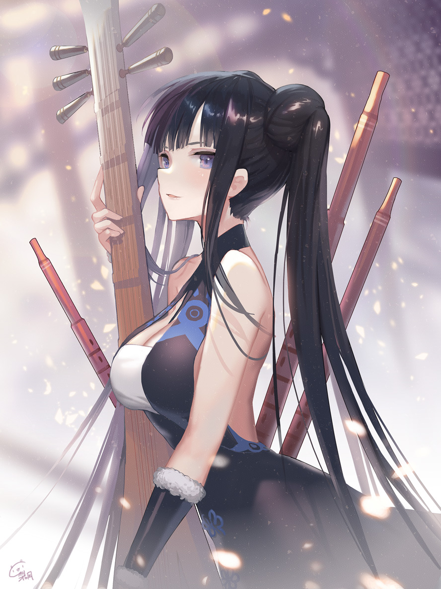 1girl bangs bare_back bare_shoulders black_dress blunt_bangs blurry breasts china_dress chinese_clothes cleavage depth_of_field detached_sleeves double_bun dress fate/grand_order fate_(series) hair_ornament halterneck leaf_hair_ornament long_hair looking_at_viewer medium_breasts parted_lips pipa_(instrument) purple_hair ritsuki sidelocks signature solo twintails very_long_hair yang_guifei_(fate/grand_order)