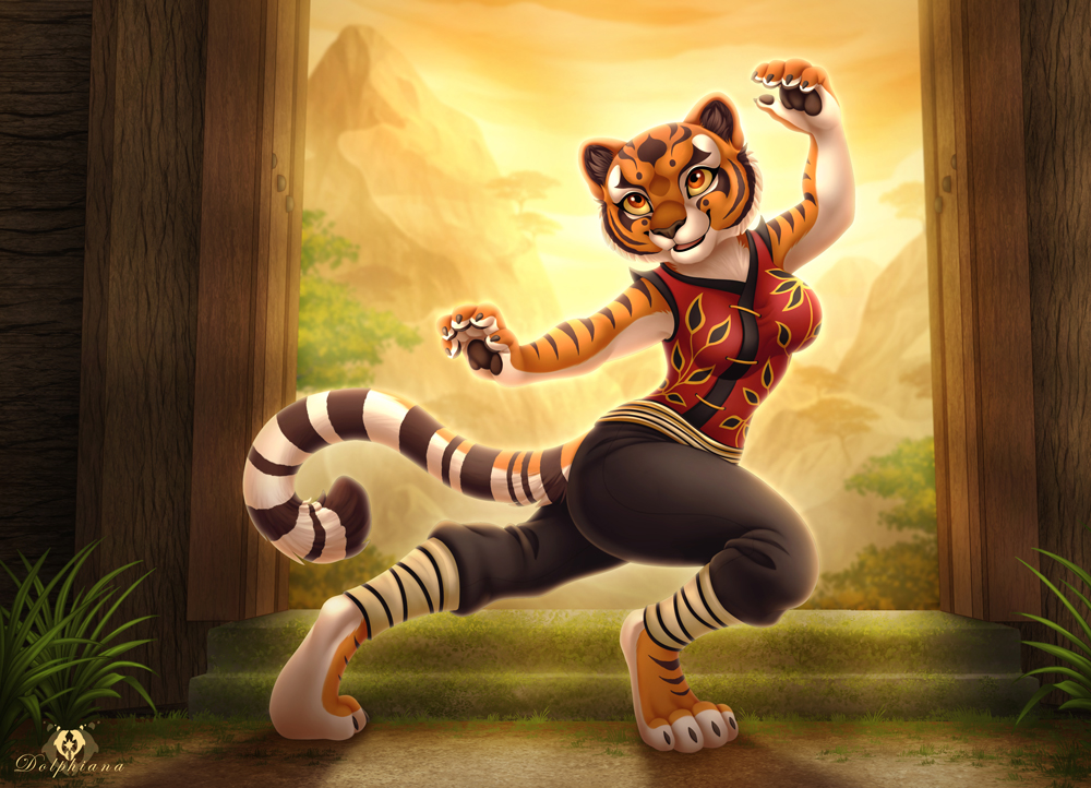 2019 anthro barefoot breasts brown_body brown_fur clothed clothing detailed detailed_background dolphydolphiana dreamworks facial_markings felid female fully_clothed fur grass head_markings kung_fu_panda light lighting mammal markings master_tigress mountain open_mouth open_smile orange_body orange_fur pantherine pose smile solo tiger tree white_body white_fur