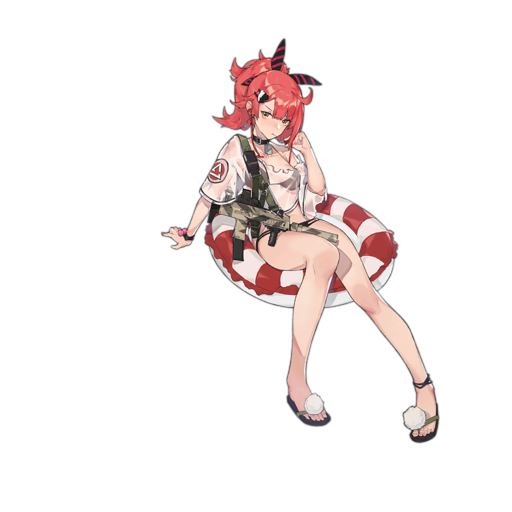 1girl alternate_costume ankle_strap arm_support bangs bikini black_bikini blush bracelet camouflage candy choker copyright_name crop_top crop_top_overhang damaged dinergate_(girls_frontline) dog_tags earphones eyebrows_visible_through_hair food full_body girls_frontline groin gun h&amp;k_mp7 hair_ornament hair_ribbon head_tilt heckler_&amp;_koch innertube jewelry lollipop looking_at_viewer mouth_hold mp7_(girls_frontline) navel official_art open_mouth playing_with_own_hair ponytail rainli red_hair ribbon sandals see-through sidelocks sitting solo stomach strap submachine_gun swimsuit torn_clothes transparent_background tsurime v-shaped_eyebrows weapon yellow_eyes