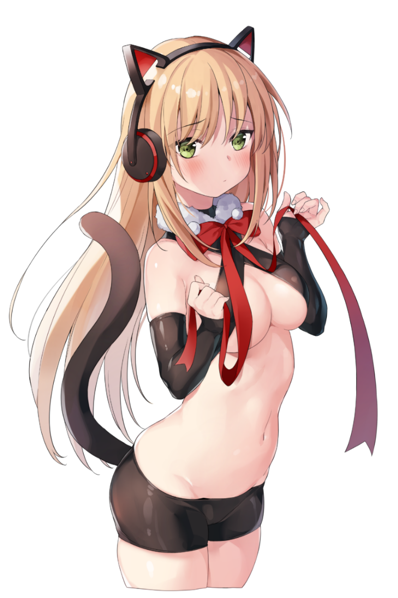 1girl animal_ears bangs bare_shoulders bike_shorts black_shorts blonde_hair blush breasts cat_ear_headphones cat_tail cleavage closed_mouth cropped_legs detached_sleeves eyebrows_visible_through_hair fake_animal_ears girls_frontline green_eyes headphones highres holding holding_ribbon long_hair long_sleeves looking_at_viewer medium_breasts navel neck_ribbon red_neckwear red_ribbon revealing_clothes ribbon shorts sidelocks simple_background sleeves_past_wrists solo stomach tail tmp_(girls_frontline) tsuka very_long_hair white_background