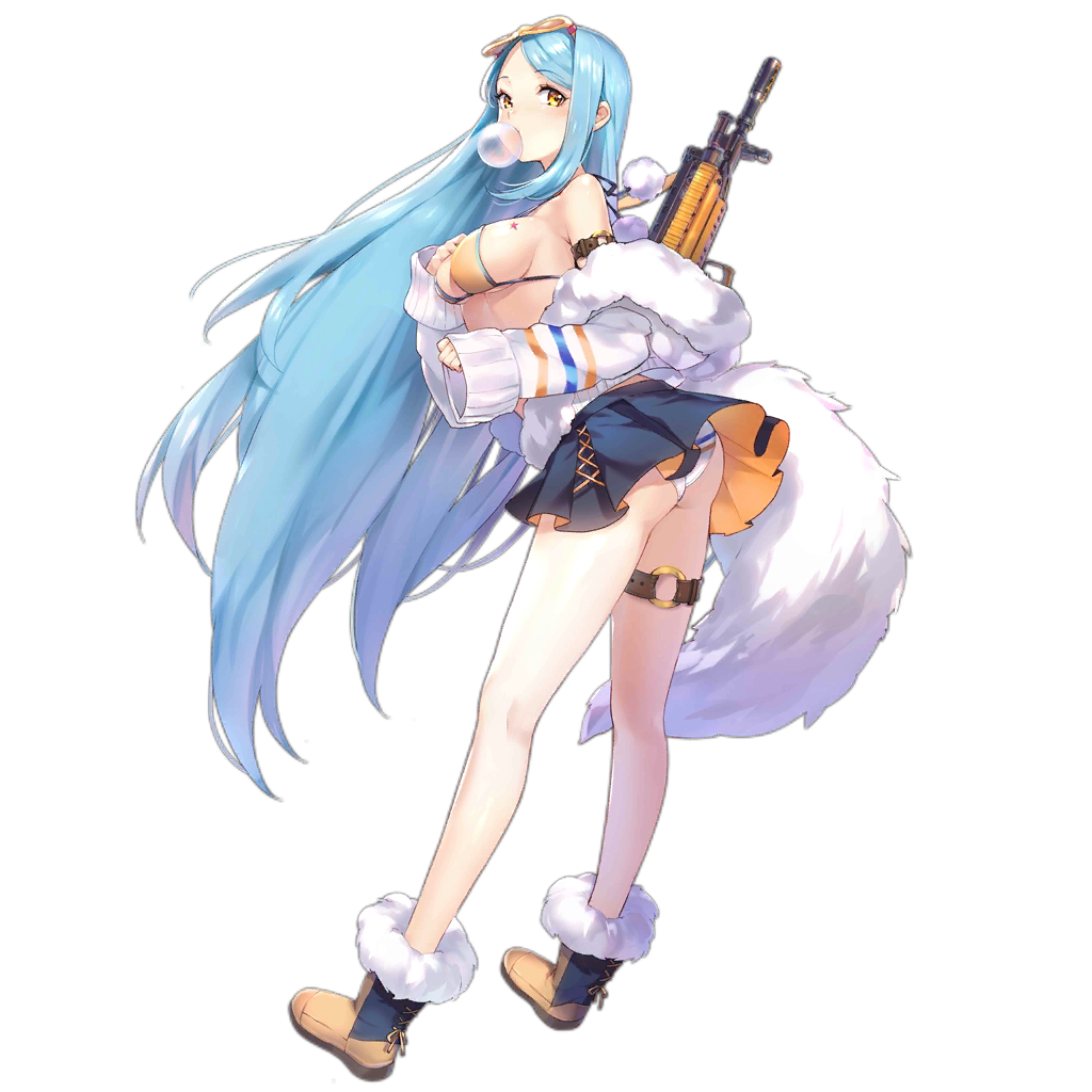 1girl alternate_costume arm_strap ass bangs bikini_top blue_hair boots breasts bubble_blowing eyewear_on_head from_side full_body fur_trim girls_frontline large_breasts long_hair looking_at_viewer m249_saw_(girls_frontline) o-ring off_shoulder official_art panties parted_bangs pleated_skirt pom_pom_(clothes) sheska_xue sideboob single_sidelock skirt sleeves_past_wrists solo star strap_gap sunglasses tattoo thigh_strap transparent_background underwear very_long_hair white_panties yellow_eyes
