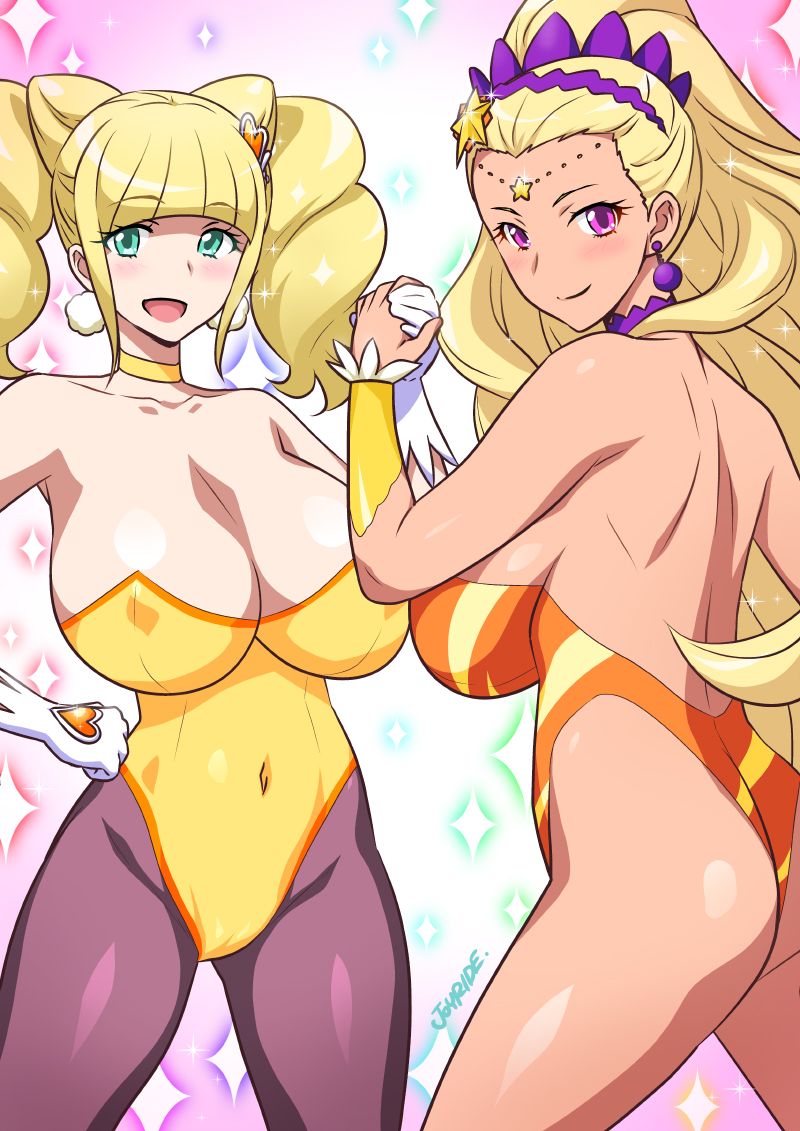 2girls :d aqua_eyes ass back bangs blonde_hair blunt_bangs blush bracer breasts circlet cleavage covered_navel cure_soleil cure_sparkle earrings eyebrows_visible_through_hair gloves groin hairband hand_on_hip healin'_good_precure holding_hands jewelry joy_ride large_breasts leotard long_hair multiple_girls open_mouth pantyhose ponytail precure purple_eyes purple_legwear smile star_twinkle_precure twintails white_gloves