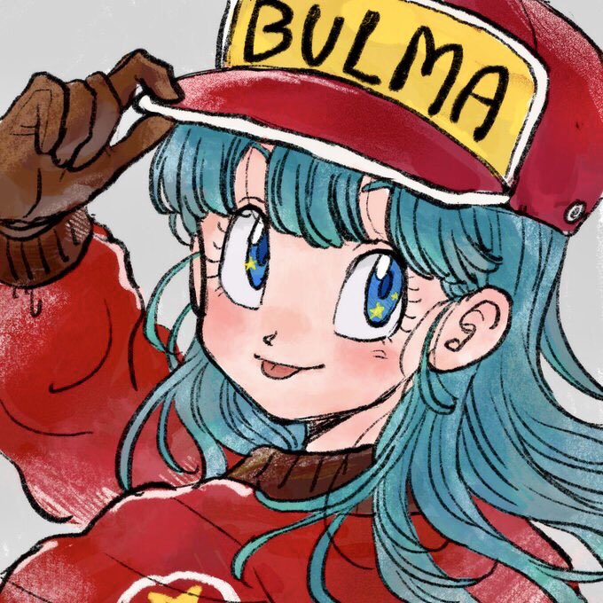 +_+ 1girl :p baseball_cap blue_eyes blue_hair blush brown_gloves bulma character_name close-up clothes_writing commentary dragon_ball dragon_ball_(classic) eyelashes gloves grey_background hair_between_eyes hand_on_headwear hat jacket light_smile looking_back medium_hair red_headwear red_jacket simple_background smile solo star straight_hair tkgsize tongue tongue_out upper_body v-shaped_eyebrows