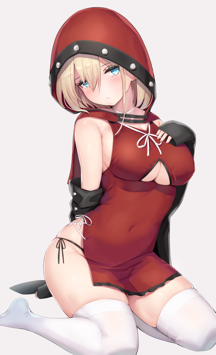 1girl arm_behind_back black_panties blonde_hair blue_eyes blush breasts closed_mouth commentary_request covered_navel detached_sleeves dress grey_background hair_between_eyes hand_on_own_chest head_tilt highres hood hooded_dress large_breasts looking_at_viewer no_shoes original panties red_dress reinama ribbon side-tie_bottom side-tie_panties side_slit simple_background sitting sleeves_past_wrists solo thighhighs underboob_cutout underwear white_legwear white_ribbon yokozuwari