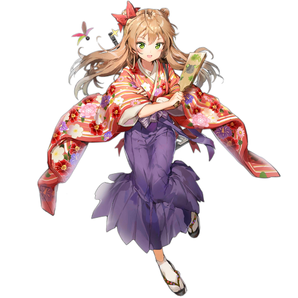 1girl :d ahoge alternate_costume anmi bangs blush bow breasts brown_hair bullpup commentary_request double_bun eyebrows_visible_through_hair girls_frontline green_eyes gun hair_between_eyes hair_bow hakama hakama_skirt holding japanese_clothes kel-tec_rfb kimono long_hair looking_at_viewer medium_breasts obi official_art open_mouth purple_hakama red_kimono rfb_(girls_frontline) rifle sandals sash see-through smile solo sparkle tabi transparent_background weapon white_legwear