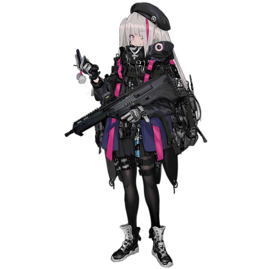 1girl assault_rifle belt_pouch beret cellphone desert_tech_mdr girls_frontline gloves glowstick grey_hair gun hat highlights jacket mdr_(girls_frontline) multicolored_hair official_art one_eye_closed pantyhose phone pink_hair pouch radio ran_(pixiv2957827) rifle shoes sneakers solo transparent_background watch weapon