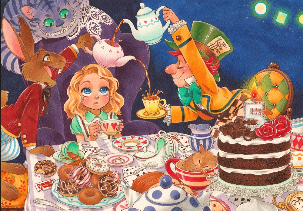 1boy 1girl ^_^ alice_(wonderland) alice_in_wonderland aqua_neckwear blonde_hair blue_eyes blush bow bowtie cake candle card cat chair cheshire_cat chihiro_howe child clock closed_eyes colored_pencil_(medium) commentary cup dormouse doughnut english_commentary fire flame food green_eyes green_hair grin hat holding holding_cup holding_teapot looking_up mad_hatter march_hare marker_(medium) medium_hair millipen_(medium) mouse number party plate playing_card red_hair sitting sleeping smile spoon table tea teacup teapot top_hat traditional_media yellow_eyes