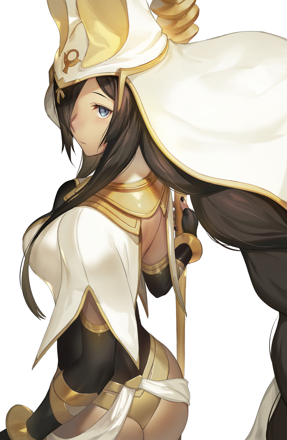 1girl ankh backless_outfit blue_eyes braid brown_hair dark_skin egyptian egyptian_clothes expressionless hair_over_one_eye highres holding holding_staff keemu_(occhoko-cho) long_hair looking_at_viewer looking_back original staff very_long_hair white_background