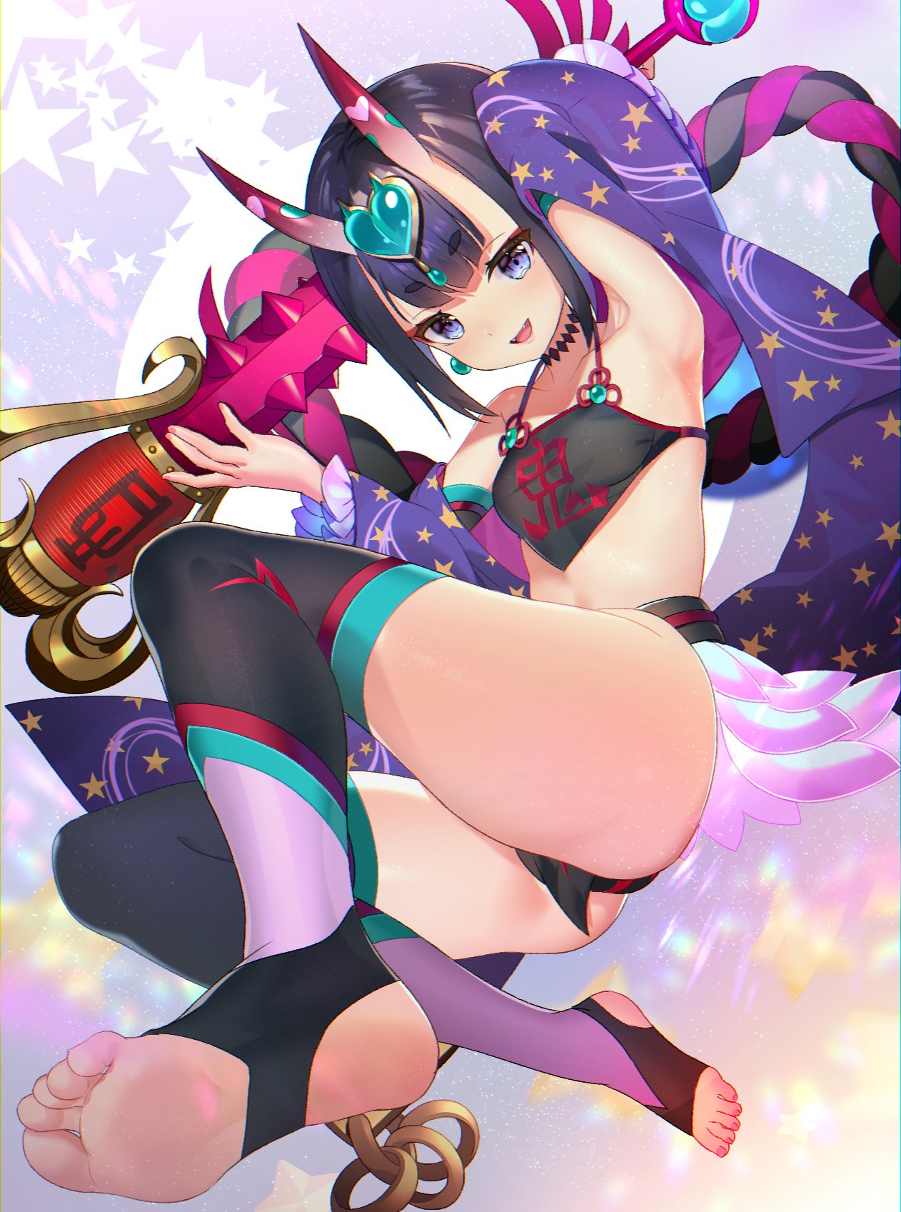 1girl bangs bare_shoulders blush breasts chinese_clothes detached_sleeves eyeliner fate/grand_order fate_(series) feet forehead_jewel headpiece heart highres horns loincloth looking_at_viewer makeup nayuta_(una) oni oni_horns pelvic_curtain purple_eyes purple_hair short_eyebrows short_hair shuten_douji_(fate/grand_order) shuten_douji_(halloween_caster)_(fate) small_breasts smile thighhighs toeless_legwear