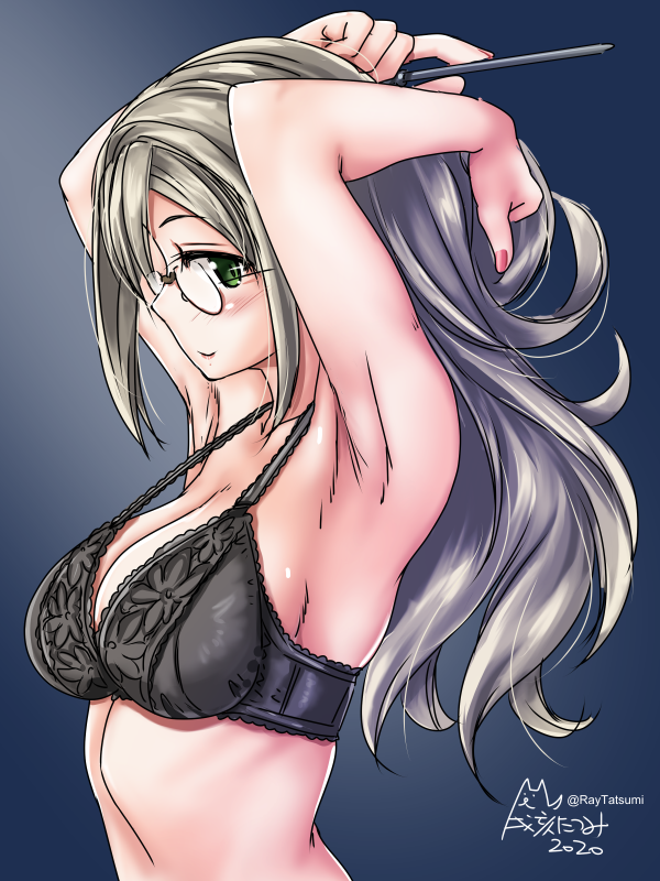 armpits black_background breasts brown_hair cleavage commentary_request from_side glasses green_eyes kantai_collection katori_(kantai_collection) large_breasts signature simple_background smile tatsumi_ray twitter_username tying_hair underwear underwear_only upper_body