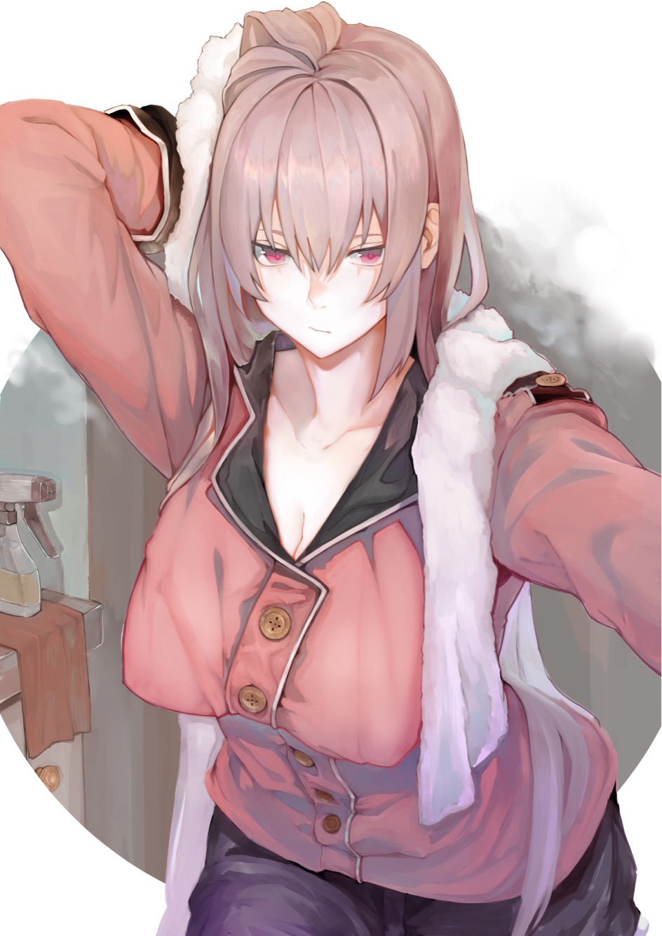1girl breasts cleavage drying fate/grand_order fate_(series) florence_nightingale_(fate/grand_order) harutask highres large_breasts long_hair looking_at_viewer pajamas pink_hair red_eyes solo towel towel_around_neck