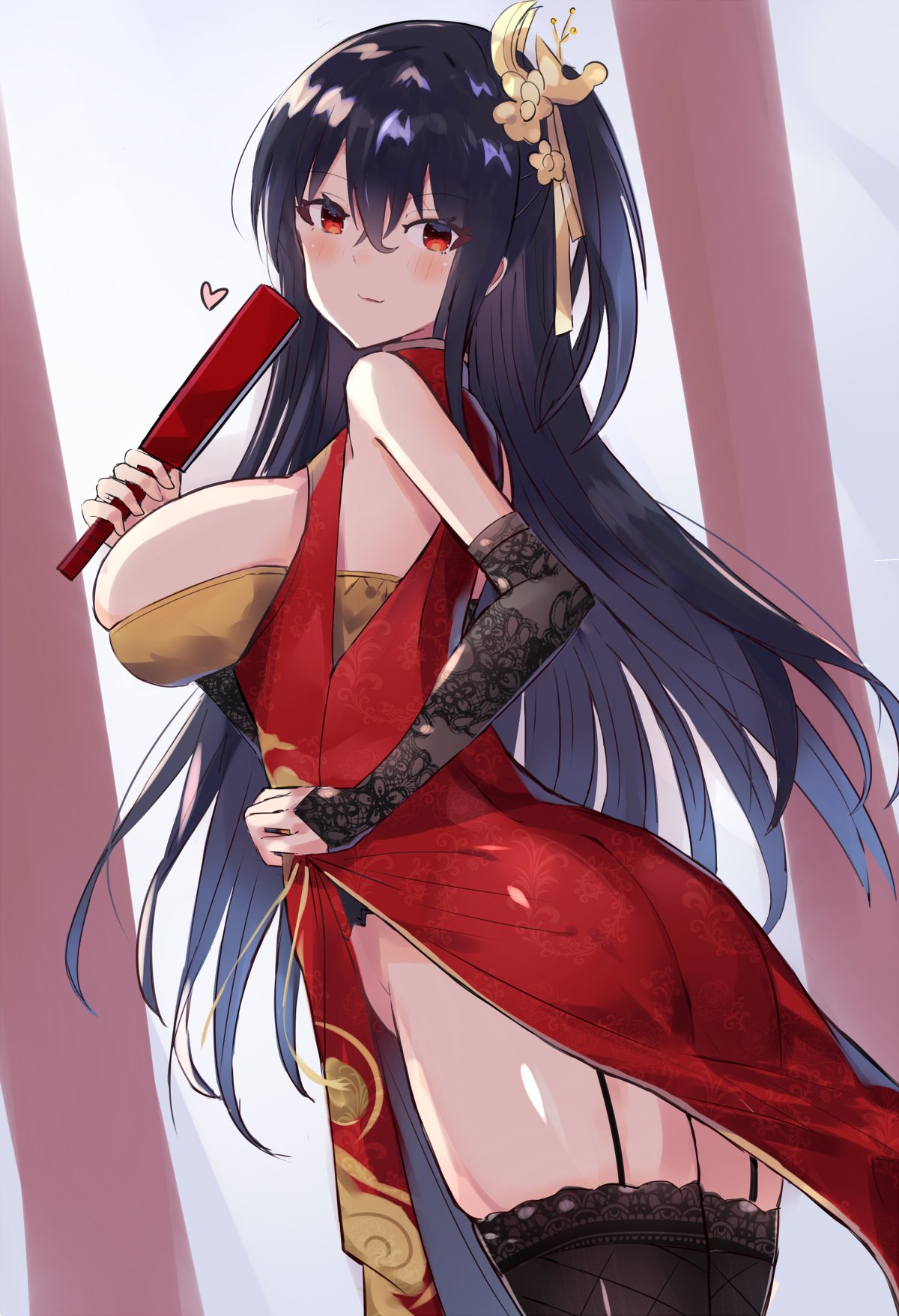 1girl ahoge ass azur_lane bangs bare_shoulders black_hair black_legwear blush breasts bridal_gauntlets bursting_breasts china_dress chinese_clothes crossed_bangs dress fan folding_fan hair_between_eyes hair_ornament highres holding holding_fan large_breasts long_hair looking_at_viewer red_dress red_eyes solo taihou_(azur_lane) taihou_(phoenix's_spring_song)_(azur_lane) thighhighs very_long_hair xenonstriker