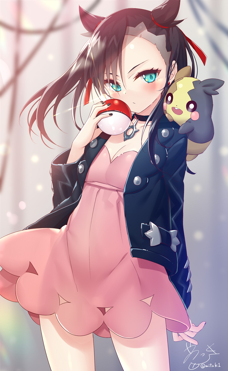 1girl aqua_eyes asymmetrical_bangs bangs black_choker black_hair black_jacket black_nails blurry blurry_background blush breasts choker cleavage commentary_request depth_of_field dress gen_8_pokemon hair_ribbon hand_up highres holding holding_poke_ball jacket long_hair long_sleeves looking_at_viewer mary_(pokemon) morpeko nail_polish on_shoulder open_clothes open_jacket pink_dress poke_ball poke_ball_(generic) pokemon pokemon_(creature) pokemon_(game) pokemon_swsh red_ribbon ribbon signature small_breasts twintails twitter_username v-shaped_eyebrows yano_mitsuki