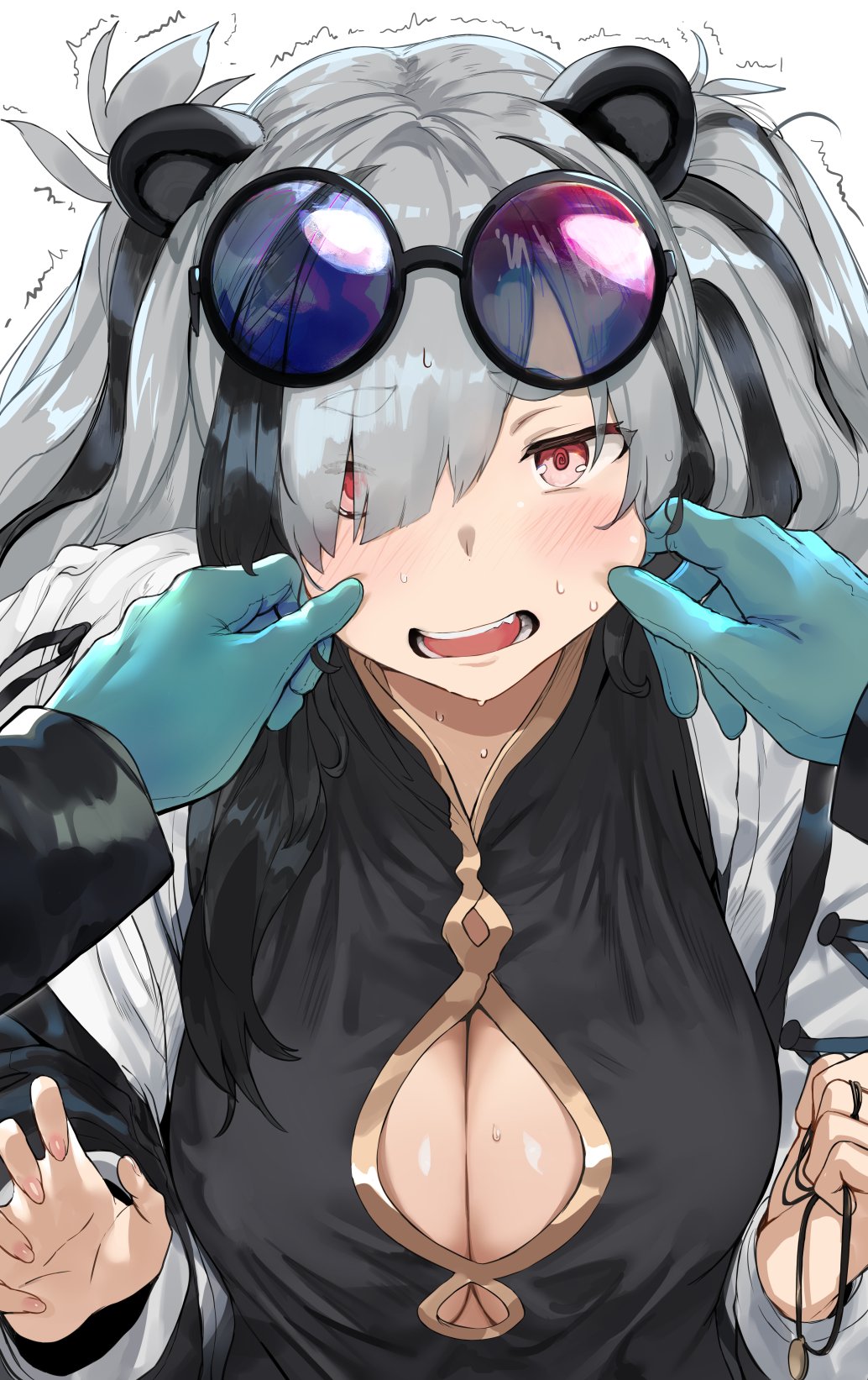 1girl animal_ears arknights bangs black_dress black_hair black_jacket blush breasts cheek_pinching cleavage cleavage_cutout dress eyebrows_visible_through_hair eyes_visible_through_hair feater_(arknights) gloves hair_over_one_eye hands_up hews_hack highres jacket large_breasts long_hair long_sleeves looking_at_viewer motion_lines multicolored_hair open_mouth panda_ears pinching red_eyes round_eyewear silver_hair simple_background solo_focus streaked_hair sunglasses sweat thick_eyebrows tongue trembling two-tone_jacket upper_body white_jacket