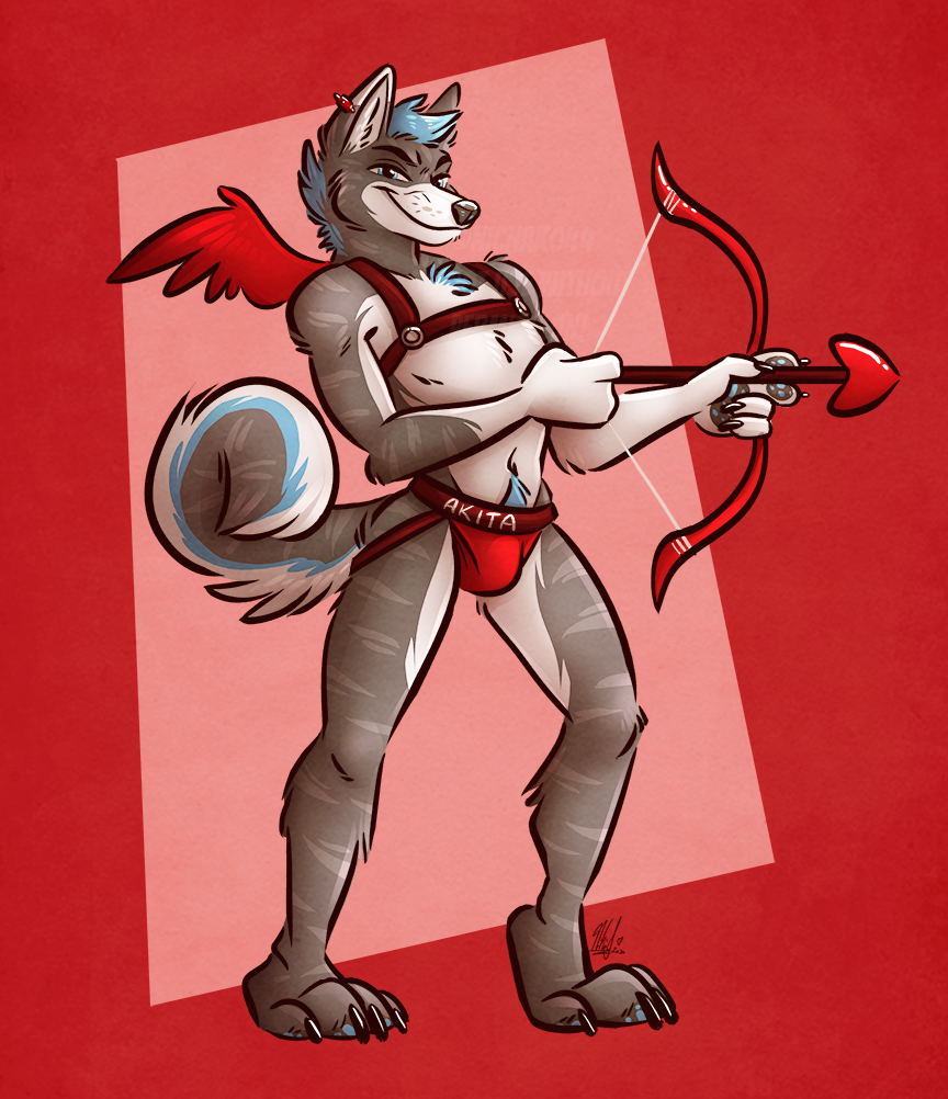 akita anthro arrow bow_(weapon) bulge canid canine canis claws clothed clothing cupid cupid's_arrow digital_media_(artwork) domestic_dog feathered_wings feathers feet fur hair holidays looking_at_viewer male mammal nicnak044 paws pose ranged_weapon simple_background smile solo spitz underwear valentine's_day weapon white_body white_fur wings