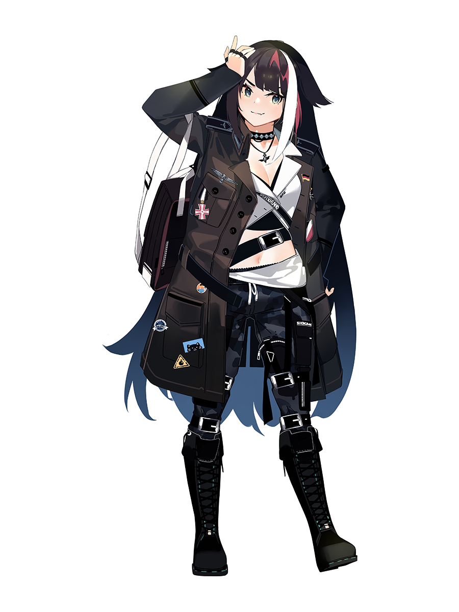 1girl azur_lane bag black_hair blue_eyes boots camouflage camouflage_pants casual choker cross-laced_footwear deutschland_(azur_lane) fang german_flag highres iron_cross jacket knee_boots lace-up_boots long_hair mania_(fd6060_60) medal midriff military_jacket multicolored_hair navel pants red_hair solo streaked_hair white_hair