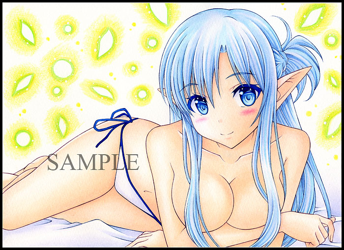 1girl asuna_(sao-alo) bangs barefoot bed_sheet bikini blue_eyes blue_hair blush braid breasts cleavage closed_mouth collarbone crossed_arms crown_braid eyebrows_visible_through_hair hair_between_eyes hair_censor hair_over_breasts long_hair looking_at_viewer lying medium_breasts navel nightmare77zx on_side pointy_ears sample shiny shiny_hair side-tie_bikini smile solo swimsuit sword_art_online topless traditional_media very_long_hair white_bikini_bottom