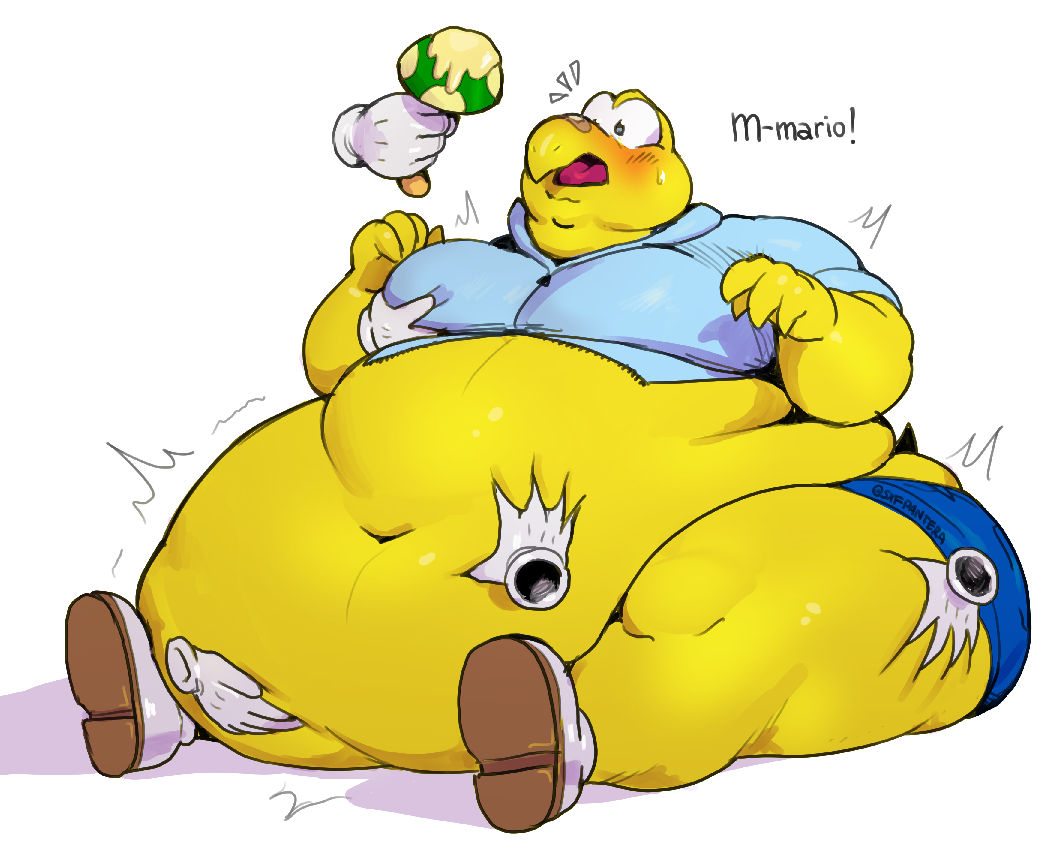 anthro belly belly_grab big_belly big_butt blush bottomwear butt clothed clothing disembodied_hand fungus grabbing huge_butt koopa koopa_troopa koops male mario_bros morbidly_obese mushroom nintendo obese open_mouth overweight paper_mario reptile scalie shell shirt shorts solo sxfpantera thick_thighs tongue topwear turtle video_games weight_gain wide_hips