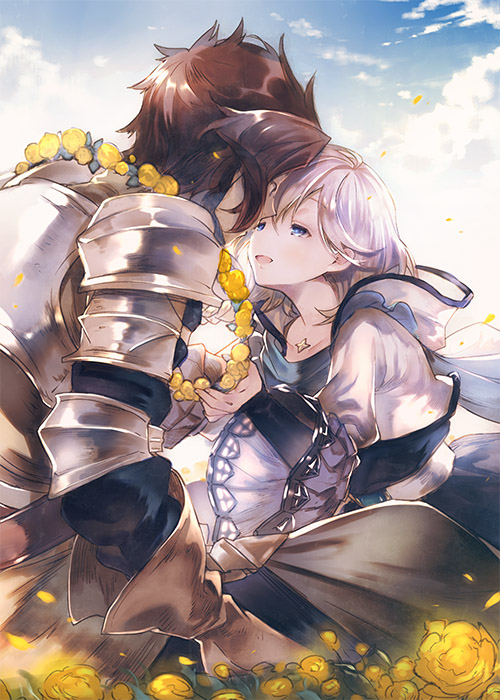 armor black_hair blue_eyes cloud cloudy_sky commentary_request flower flower_necklace goroo granblue_fantasy hood hoodie jewelry necklace noa_(granblue_fantasy) pauldrons rackam_(granblue_fantasy) silver_hair sky yaoi yellow_flower