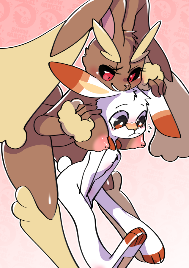 between_breasts big_breasts black_sclera blush breasts embarrassed female lagomorph larger_female leporid lopunny male mammal melodydream2 nintendo pok&eacute;mon pok&eacute;mon_(species) rabbit scorbunny size_difference smaller_male video_games