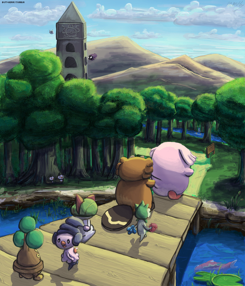 :d bibarel bird black_eyes blue_sky bonsly bridge chansey cloud cloudy_sky commentary day duskull english_commentary fish forest gastly gen_1_pokemon gen_3_pokemon gen_4_pokemon gen_5_pokemon ghost hallowed_tower_(pokemon) magikarp mcgmark mime_jr. mountain nature open_mouth outdoors pokemon ralts road roselia sign sinnoh_route_209 sky smile starly tower tree walking