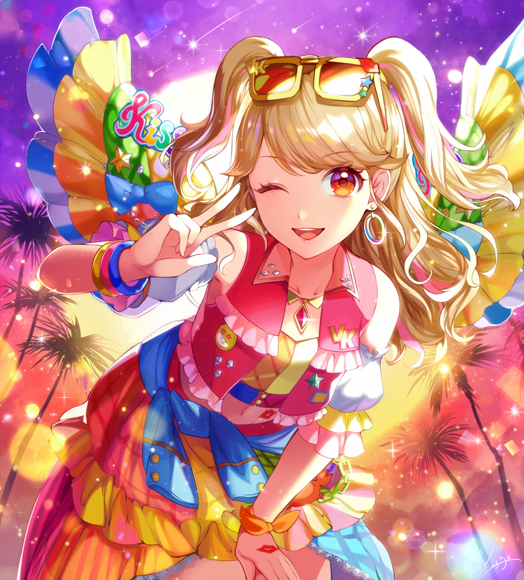 1girl ;d aikatsu!_(series) aikatsu_on_parade! bare_shoulders blonde_hair blush clothes_around_waist commentary_request detached_sleeves eyewear_on_head hand_up leaning_forward looking_at_viewer matsurika_youko multicolored multicolored_clothes natsuki_mikuru one_eye_closed open_mouth palm_tree puffy_short_sleeves puffy_sleeves red_vest short_sleeves smile solo sparkle sunglasses sunset tree two_side_up upper_teeth v vest white_sleeves yellow-framed_eyewear