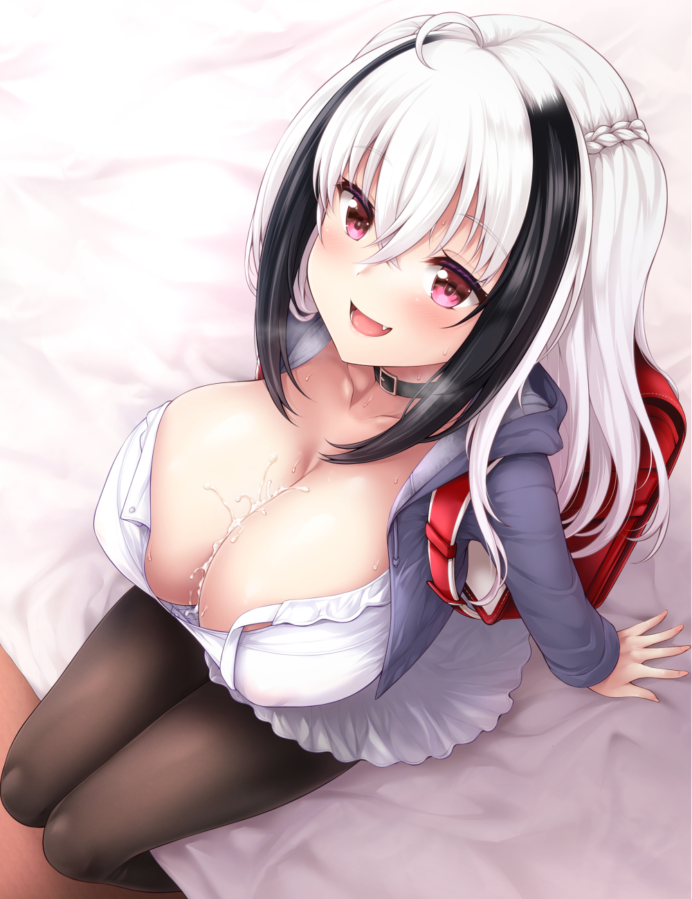 1girl after_paizuri ahoge anatomical_nonsense backpack bad_anatomy bag black_hair black_legwear blush braid breasts choker cleavage covered_nipples cum cum_on_body cum_on_breasts cum_on_upper_body dress eyebrows_visible_through_hair fang heavy_breathing highres hood hooded_jacket jacket large_breasts long_hair looking_at_viewer multicolored_hair no_bra open_clothes open_jacket original pantyhose purple_eyes shiny shiny_skin sitting solo streaked_hair sweat uni8 white_dress white_hair